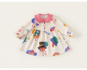Close-up of baby girl cotton dress with pink Peter Pan collar and rabbit illustrations