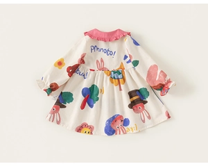 Detailed view of kids cartoon bunny print dress with pink ruffled collar and long sleeves