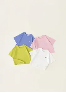 Close-up of four kids' cooling antibacterial t-shirts in blue, pink, green, and white