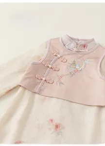 Détail de l'attache traditionnelle chinoise et de la broderie sur un gilet rose