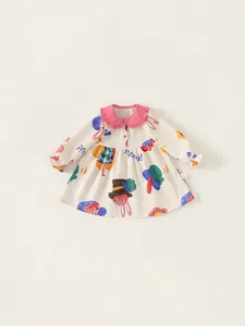 Girls long-sleeve beige dress with pink ruffle collar and colorful rabbit graffiti