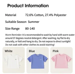 Kids' cotton blend T-shirt details with size chart and washing instructions in three colors