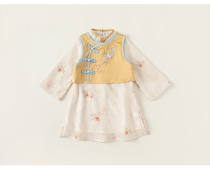 Détails d'une tenue traditionnelle chinoise pour fille avec broderies et finitions en dentelle