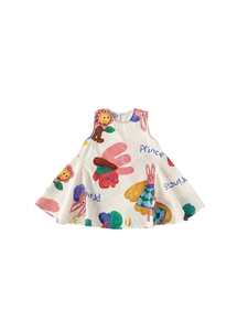 Girls ivory sleeveless A-line summer dress with colorful cartoon rabbit and floral prints