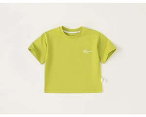 Detail view of neon green kids cotton T-shirt featuring a printed logo and soft ribbed neckline