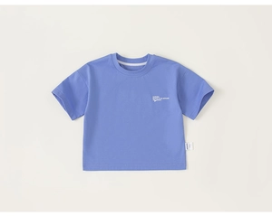Close-up of violet kids T-shirt featuring white printed slogan and ribbed crew neckline