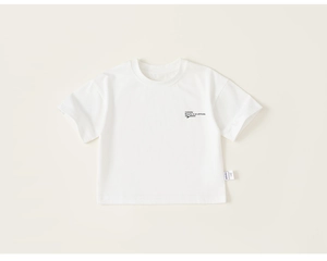 Detailed view of white cotton T-shirt featuring insbobo chest print and woven side labels