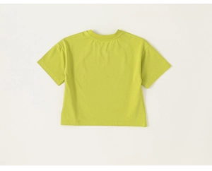 Back view of a plain light green kids short sleeve T-shirt with a loose fit and round neck