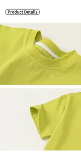 Close-up of ribbed crewneck and sleeve stitching on light green kids cooling T-shirt