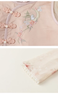 Détail du haut Hanfu rose avec boutons en perles, broderies florales et manches en dentelle