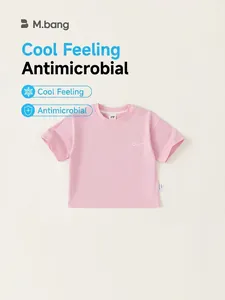 Pink cooling cotton kids t-shirt with crew neck and small chest print on beige background
