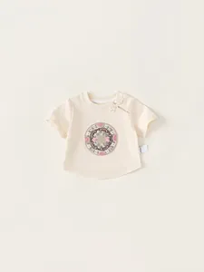 Traditional Chinese style baby short sleeve T-shirt with floral embroidery in off-white cotton