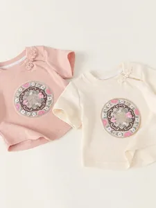 Girls new Chinese style short sleeve t-shirts with floral embroidery and frog buttons