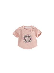 Pink girl's short sleeve T-shirt with Chinese knot buttons and floral embroidery