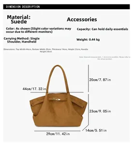 Size guide for suede tote bag showing dimensions height weight and capacity details