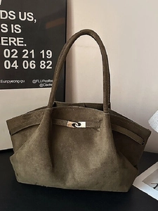 Vintage Suede Fabric PU Leather Tote Bag For Women Large Capacity Shoulder Bag With Metal Buckle Commuter Underarm Bag
