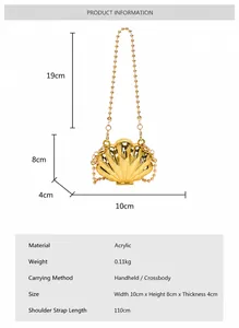 Detail view of mini shell shaped acrylic bag with chain and specific size measurements