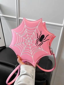 Rosafarbene Handtasche in Spinnennetzform aus PU-Leder mit schwarzer Spinnenbestickung