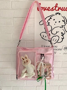 Pink large capacity Ita bag with transparent window, white rabbit plush and lace pearl charms