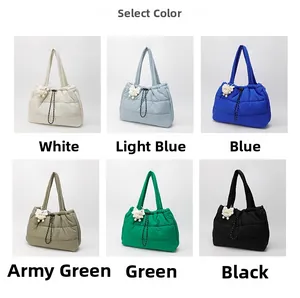 Detailed comparison of quilted down tote bags in six colors with bear charms