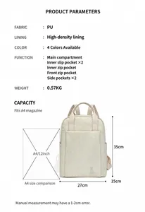 Detail view of cream PU leather backpack featuring cross-hatch texture and high-density lining