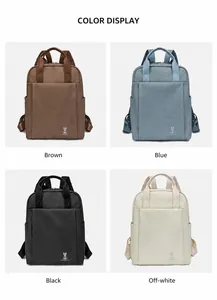 Detailed color selection showing brown, blue, black, and beige woven backpacks for women