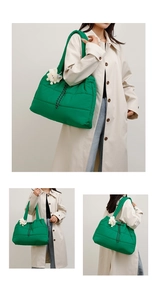 Detail of green quilted puffer tote bag with side drawstring and plush sheep pendant charm