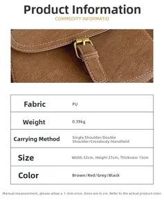 Brown PU leather bag detail showing white stitching, metal hardware and size specifications