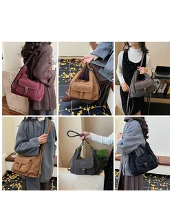 Collage of model wearing vintage satchel bags in burgundy, khaki, grey, and black colors