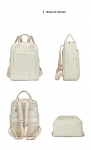 Four-view layout showing front, side, and back of this white twill fabric backpack