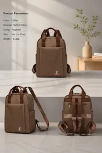 Three-view layout of brown waterproof nylon backpack with leather handles for daily commute