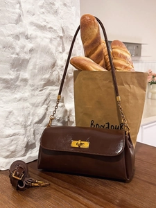 Vintage PU Leather Baguette Shoulder Bag For Women French Style Metal Twist Lock Solid Color Stitching Elegant Handbag