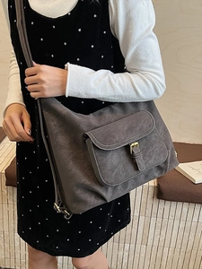 Vintage dark gray matte leather crossbody bag with contrast stitching and metal buckle