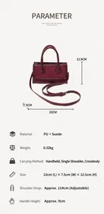 Detailed size specifications for the burgundy square handbag with PU and suede texture