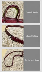 Detail view of burgundy tote bag featuring smooth leather texture and metal buckles