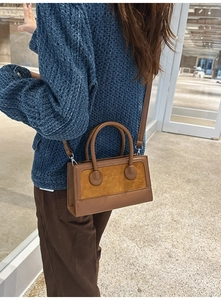 Caramel vintage crossbody square bag in mixed suede and leather textures on a model