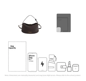 Deep brown bucket bag capacity guide showing space for a tablet, phone, and daily essentials