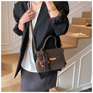 Detail of dark brown retro square crossbody bag with metallic clasp and puppy charm