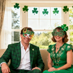 St. Patrick's Day party glasses set with green clover shutters and Lucky horseshoe design