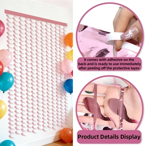 Pink tinsel backdrop curtain for bachelorette parties with easy adhesive backing