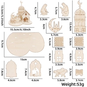 Detailed view of DIY wooden Ramadan puzzle showing mosque pieces and assembly dimensions