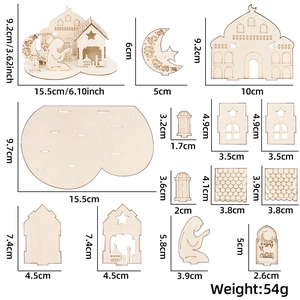 Detailed DIY wooden Ramadan puzzle set with mosque moon shapes and product dimensions