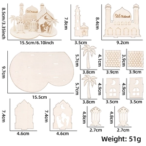 Detailed view of DIY wooden Eid Mubarak desk ornament with dimensions and assembly parts