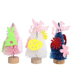 Mini Easter sisal trees in pink white and blue with felt rabbits and wood base