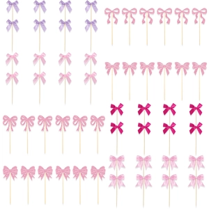 Polyester ribbon bow cupcake toppers for birthday party cake decorations in multiple colors