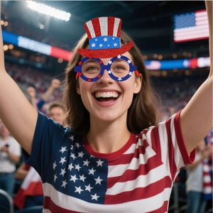 Détail de lunettes de fête pailletées avec chapeau haut de forme drapeau américain