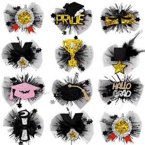 Graduation Party Hair Clips Mini Bachelor Hat Trophy Medal Tulle Feather Sparkling Glitter Hair Accessories For Photo Props