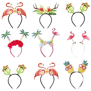 Set of 9 tropical Hawaiian party headbands featuring flamingos, pineapples and palm trees