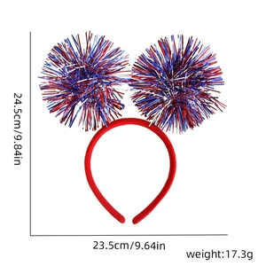 Detailed dimension guide for USA Independence Day headband with red white and blue pom poms