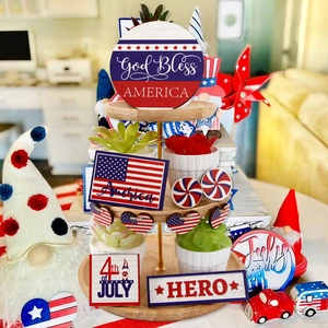 Independence Day Tiered Tray Decor Set Wooden Signs Patriotic USA Map Truck Gnome Tabletop Ornaments For July 4th Party Home Decoration